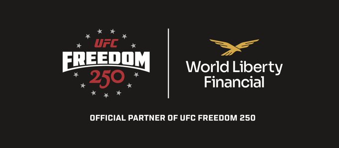The image features two logos, one for UFC Freedom 250 and another for World Liberty Financial. Both logos are black against a gray background. The first logo displays a red circle with white stars around a gold eagle, while the second logo has a gold eagle in flight above a white dollar sign. The text "WLFI appearing as an Official Sponsor of UFC Freedom 250 is a clear step into broader visibility." and "This is no longer limited to crypto native exposure. USD1 is being introduced to a much larger mainstream audience through a global UFC moment tied to a White House linked 250 year". These elements create a sense of depth in the image, with the logos positioned at different heights against the gray background.