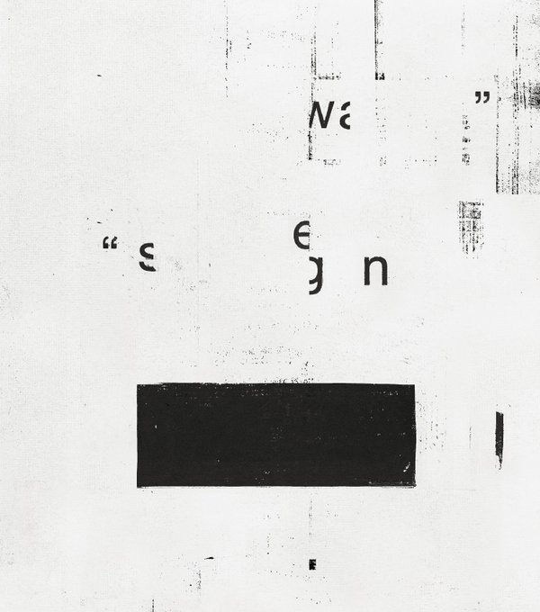 A grainy, glitchy black and white image displays scattered, fragmented text fragments and a solid black rectangle against a textured white background.
