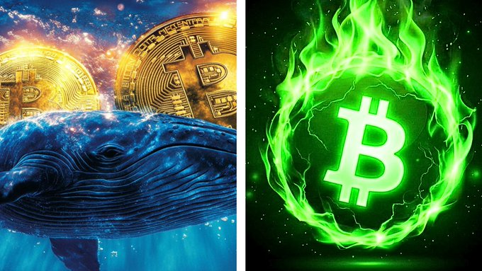 A split image showing a blue whale swimming beneath large Bitcoin coins on the left, paired with a flaming green Bitcoin logo on the right, visually illustrating the post's claim about "whales" accumulating 40,100 Bitcoin ($2.6 billion) over nine days ahead of institutional investors.