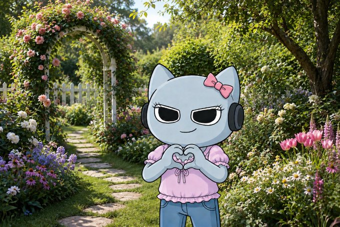 An animated blue cat character wearing a pink bow and headphones makes a heart shape with its hands while standing in a lush garden with a flower-covered archway.