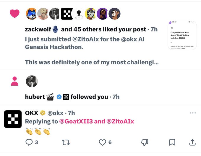 A screenshot of Instagram notifications showing that @okx liked and replied with applause emojis to a post about submitting @ZitoAIx for the OKX AI Genesis Hackathon, matching the caption's excited disbelief about engagement from @okx.