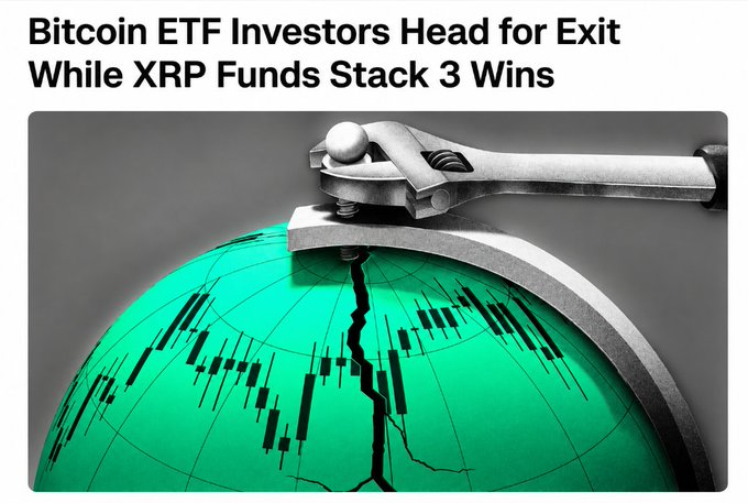 A news article thumbnail with the headline 'Bitcoin ETF Investors Head for Exit While XRP Funds Stack 3 Wins,' showing a 3D rendering of a metal wrench cracking a green glass globe displaying a financial candlestick chart.
