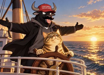 A cartoon goat mascot wearing a black hoodie, sunglasses, and a red baseball cap reading "MAKE $SOLO GREAT AGAIN" stands triumphantly at a ship's helm with arms outstretched, alongside a smug-looking orange tabby cat, as they sail into a golden sunset over the ocean.