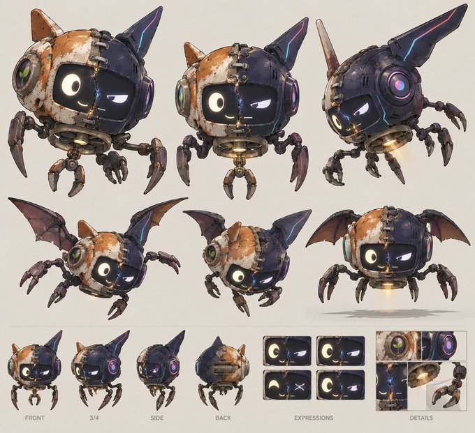 A character design sheet showing multiple views of a cute robotic creature with rusted metal, purple eyes, and either spider-like legs or bat wings, labeled with FRONT, 3/4, SIDE, BACK, EXPRESSIONS, and DETAILS.
