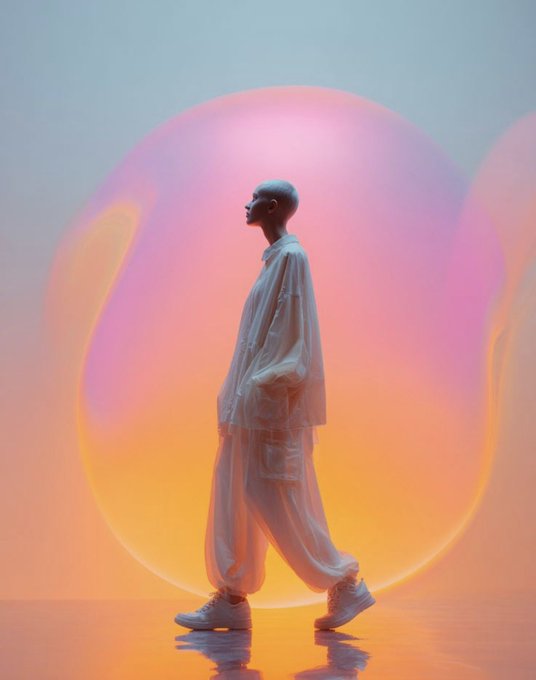 A stylized portrait shows a bald person in profile wearing a loose white shirt and pants, walking past a large, iridescent pink and yellow bubble against a soft gradient background.