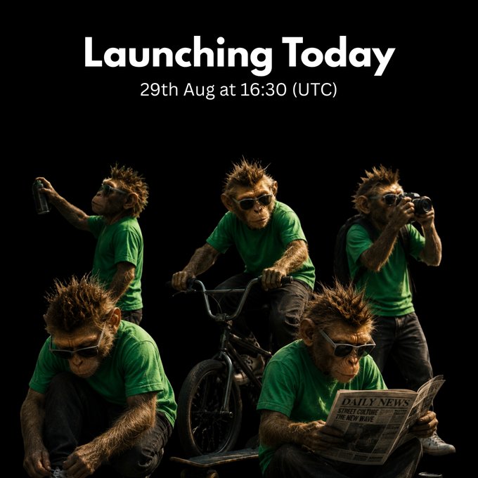 A promotional graphic reading 'Launching Today, 29th Aug at 16:30 (UTC)' featuring five stylized monkey characters in green shirts and sunglasses, posing with a spray can, BMX bike, camera, and newspaper.