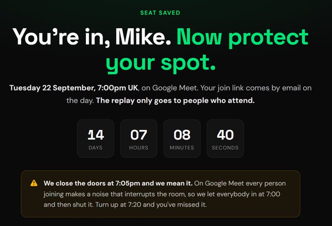 A digital confirmation screen reading 'You're in, Mike. Now protect your spot.' for a Tuesday 22 September 7:00pm UK event on Google Meet, featuring a countdown timer of 14 days, 7 hours, 8 minutes, and 40 seconds.