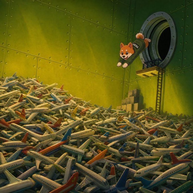 A digital illustration of a Shiba Inu dog wearing a 'Hoodi' shirt emerging from a porthole window, looking down at a massive pile of toy airplanes in a green industrial room.