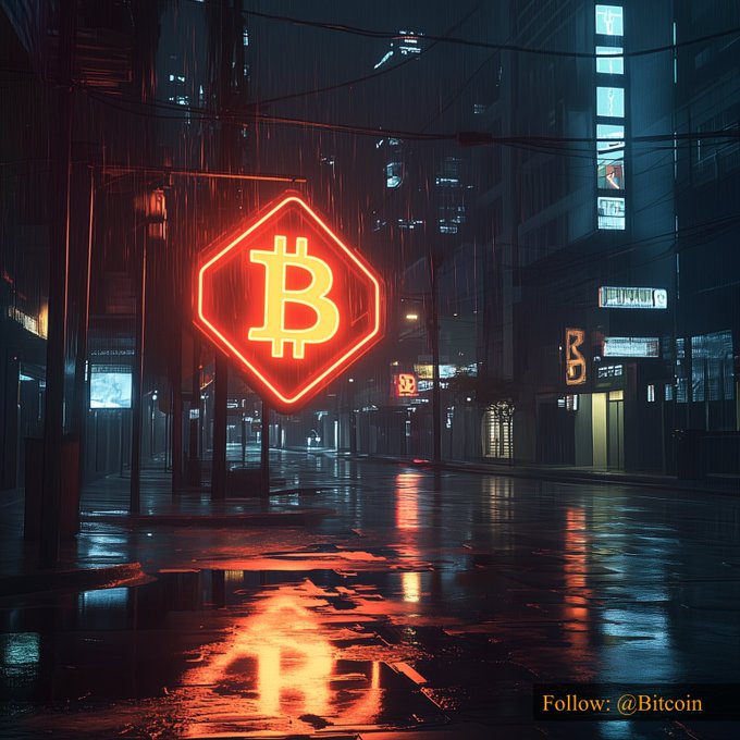 A neon Bitcoin logo glows orange against a rain-soaked cyberpunk cityscape at night, its light reflecting on the wet pavement. The image visually reinforces the "$66,562.93 #Bitcoin" price update, with a "Follow: @Bitcoin" tag in the corner.
