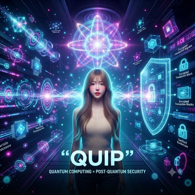 A digital promotional graphic for 'QUIP' showing a woman surrounded by glowing blue and purple quantum computing visuals, atomic structures, and padlock icons representing 'Quantum Computing × Post-Quantum Security'.