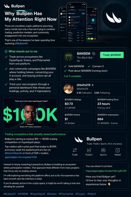 A promotional infographic for 'Bullpen' titled 'Why Bullpen Has My Attention Right Now,' featuring sections on $ANSEM trading, dashboard features, and a $100K trading competition, with a user profile for @Safin219.