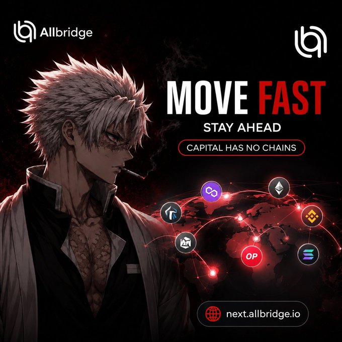 A promotional graphic for 'Allbridge' featuring an anime-style character with white hair smoking a cigarette, alongside the tagline 'MOVE FAST STAY AHEAD - CAPITAL HAS NO CHAINS' and a globe displaying various cryptocurrency logos including Ethereum and Optimism, with the URL 'next.allbridge.io'.