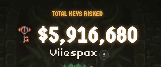 A pixel-art style graphic displaying 'TOTAL KEYS RISKED $5,916,680' next to a key icon, with the username 'Vilespox' below on a dark background.