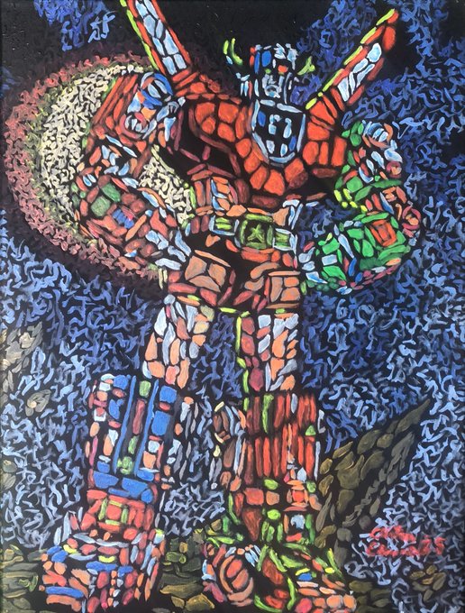 Vibrant mosaic-style painting of a red mecha/robot figure resembling a Gundam, composed of small colorful brick-like tiles against a textured blue background.