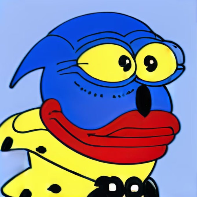 A cartoon character with a blue head, large yellow eyes, red lips, and a yellow body with black spots appears against a light blue background.