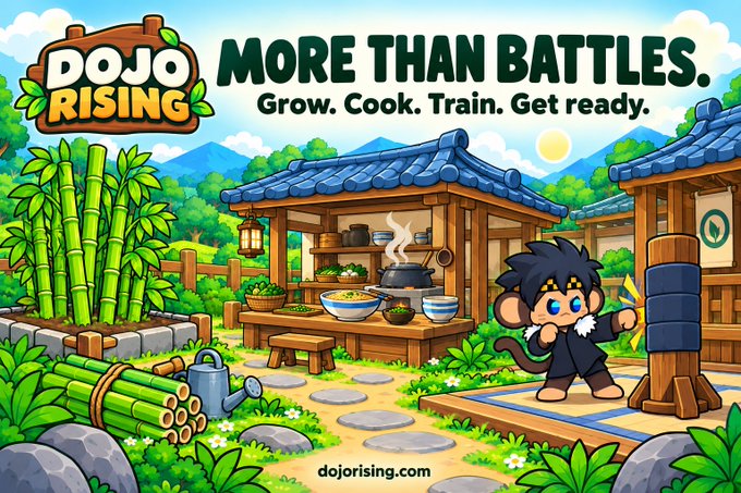 Promotional artwork for the game 'DOJO RISING' featuring a cartoon monkey with spiky black hair in a Japanese dojo setting, with the tagline 'MORE THAN BATTLES. Grow. Cook. Train. Get ready.'