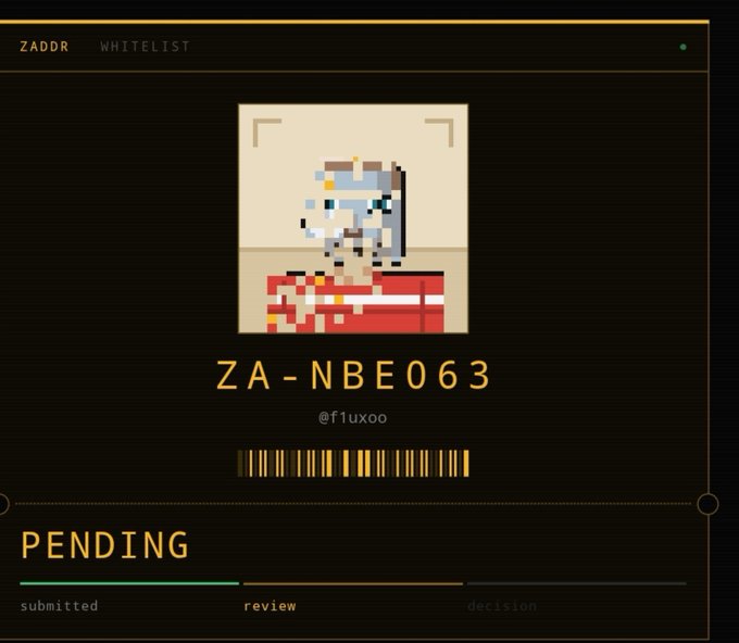 The image shows a Zaddr Whitelist application card for user @f1uxoo with ID ZA-NBE063, displaying a pixelated robot avatar and a "PENDING" status bar at the review stage. It relates to the post as the user is humorously begging for their pending whitelist spot to be approved, joking it could help them recover recent crypto losses.