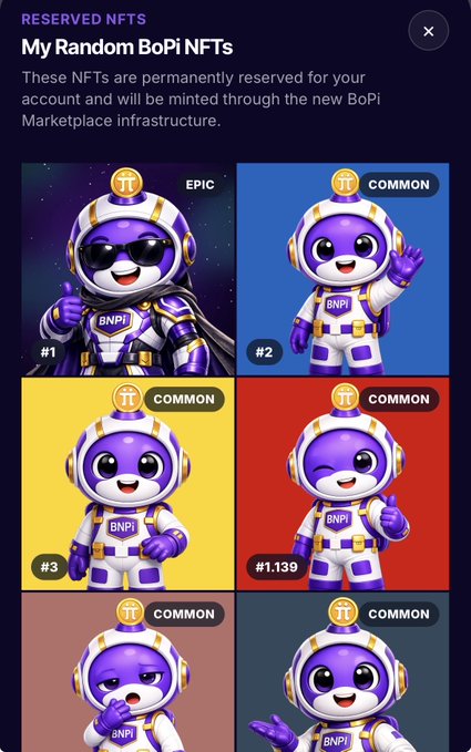 A mobile screen displays "RESERVED NFTS - My Random BoPi NFTs," showing six purple and white astronaut mascot NFTs labeled as EPIC (#1) and COMMON (#2, #3, #1.139, and others).