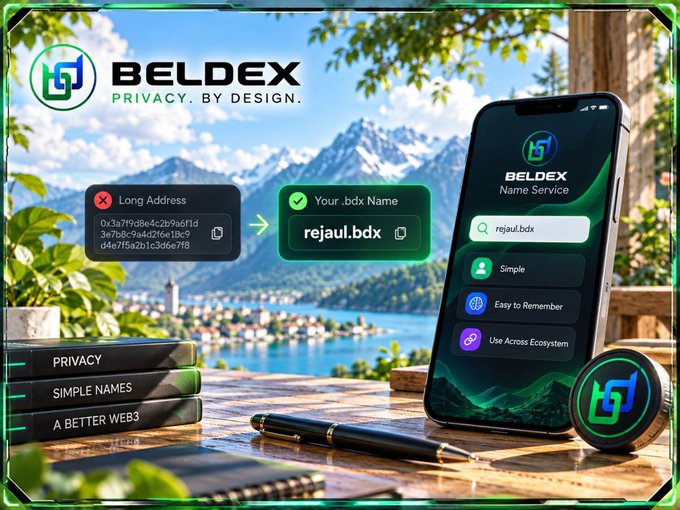 A promotional graphic for BELDEX (.bdx Name Service) highlighting its features like 'PRIVACY', 'SIMPLE NAMES', and 'A BETTER WEB3' against a mountain lake background.