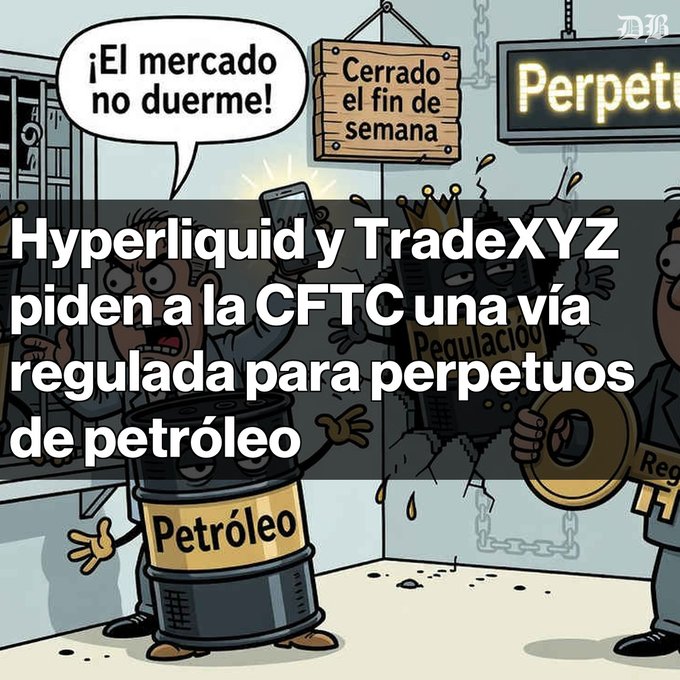 La caricatura muestra un mercado de petróleo que “no duerme”, con Hyperliquid y TradeXYZ solicitando a la CFTC un marco regulado para contratos perpetuos de petróleo en EE. UU. y su coexistencia con los futuros tradicionales, ambos con operación continua onchain.