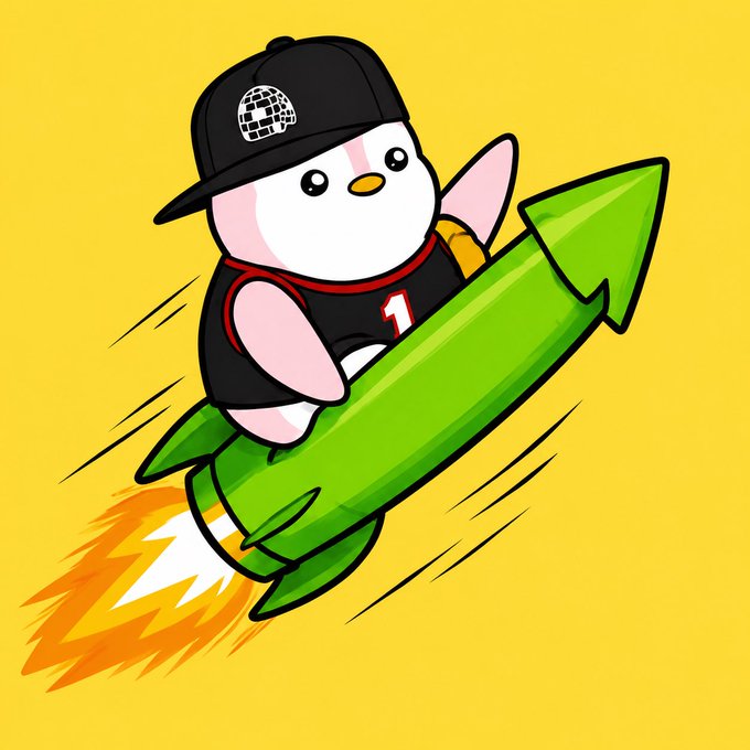 A cartoon character resembling a penguin wearing a black cap with a disco ball logo and a jersey with the number '1', riding a green rocket ship on a yellow background.