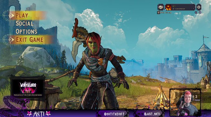 Main menu screen of the video game Borderlands 3, showing an Orc-like character in armor with 'PLAY,' 'SOCIAL,' 'OPTIONS,' and 'EXIT GAME' options, plus a streamer overlay for 'ANTI' in the corner.