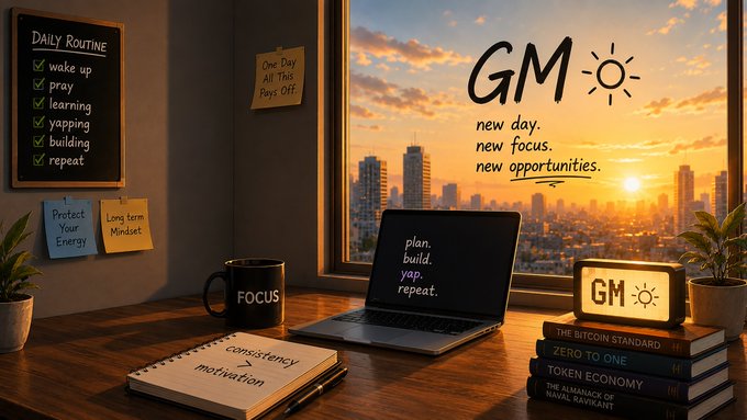 A digital illustration of a desk with a laptop, mug, notebook, and books, set against a window view of a city at sunset, featuring 'GM' text and motivational phrases like 'new day, new focus, new opportunities' and 'DAILY ROUTINE' checklist.