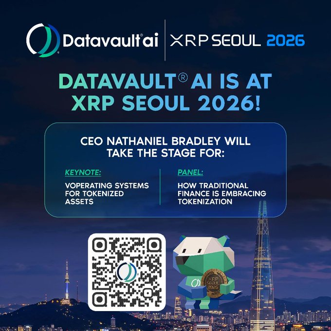 A promotional graphic for Datavault AI at XRP SEOUL 2026 announces that CEO Nathaniel Bradley will deliver a keynote on "Operating Systems for Tokenized Assets" and a panel on "How Traditional Finance is Embracing Tokenization," featuring a QR code against a backdrop of Seoul's skyline.