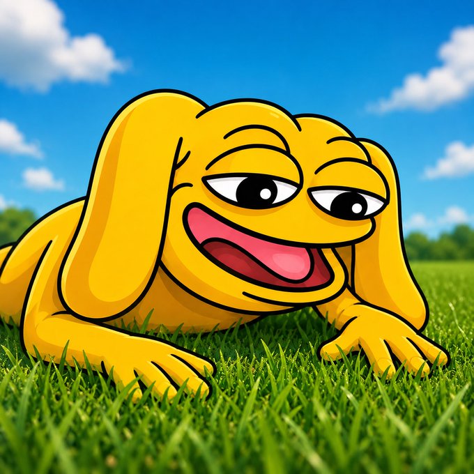 A cartoon yellow character with a sleepy, smiling expression lying on grass under a blue sky with clouds.