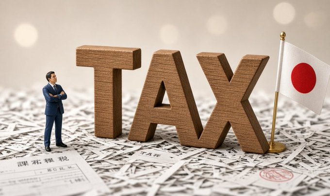 A miniature figurine of a businessman stands next to large wooden 'TAX' letters and a Japanese flag, positioned on a pile of tax documents.