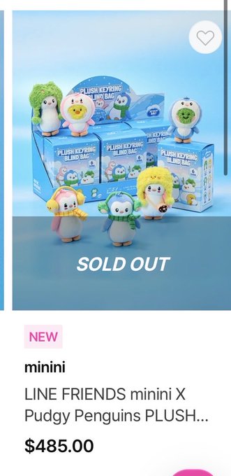 A mobile shopping page for 'LINE FRIENDS minini X Pudgy Penguins PLUSH' toys priced at $485.00, marked as 'SOLD OUT'.