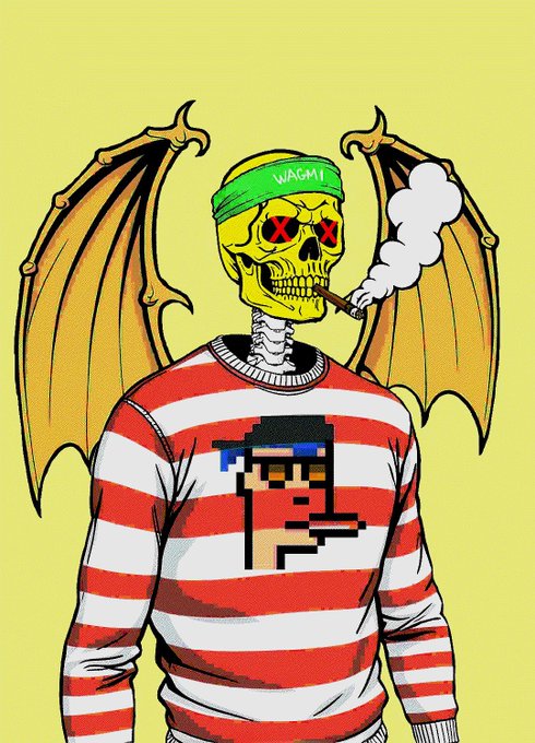 A yellow skeleton with bat-like wings, red "X" eyes, and a green "WAGMI" headband smokes a cigar while wearing a red-and-white striped sweater featuring a pixelated Waldo-style character, illustrating the "Where's Waldo?" theme of the SkellyKuntz NFT collection being minted.