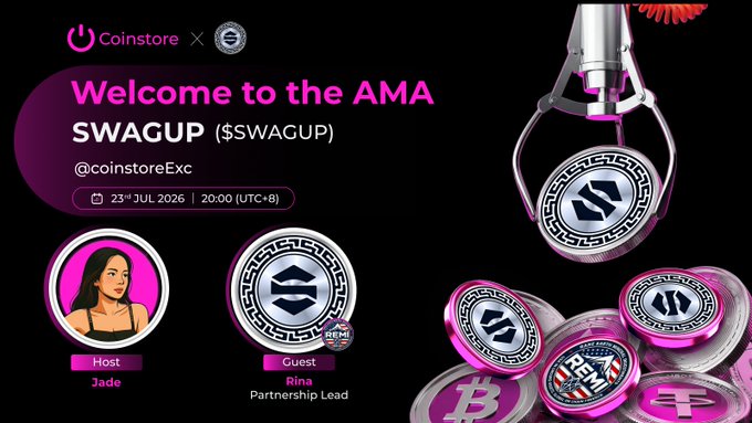 A promotional graphic for a 'Welcome to the AMA' event for SWAGUP ($SWAGUP) hosted on Coinstore, featuring a 3D rendering of a mechanical claw and pink cryptocurrency coins.