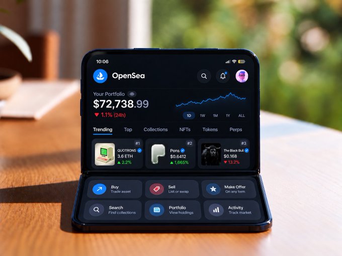 A foldable smartphone displaying the OpenSea app with a portfolio value of $72,738.99, showing trending collections including QUOTROWNZ, Ponz., and The Black Bull.