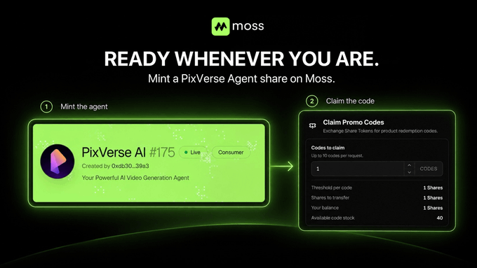 Promotional graphic for Moss showing 'READY WHENEVER YOU ARE. Mint a PixVerse Agent share on Moss' with instructions for minting the agent and claiming promo codes.
