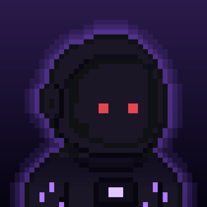 A pixelated robot with red glowing eyes and purple accents on a dark background, fitting the cryptic "ast" collection mint announcement on OpenSea.