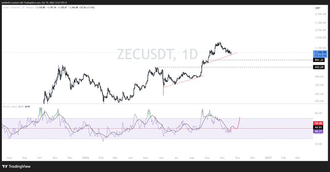 ZEC/USDT daily chart from TradingView showing the cryptocurrency at 537.23 USDT, down from its recent high around 600, with the daily RSI indicator at 44.83 hovering just below the 50 midline—visually confirming the post's observation of a potential RSI breakout on the higher timeframe while price has corrected 37–40% from its peak.