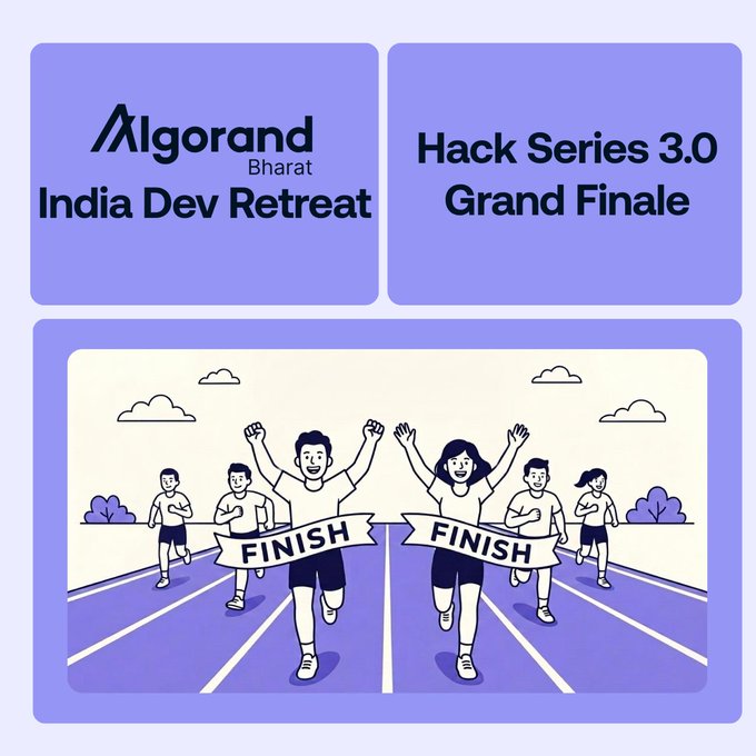 The image features two men running a race with a banner that says "Months of building DeFi/Payments, Agentic Commerce and RegTech Solutions reaches a pinnacle this weekend for teams from across the country traveling to Goa for the Algorand India Developer Retreat!". The runners are depicted in action, crossing the finish line. The image also includes text about the Hack Series 3.0 India Developer Retreat and the Grand Finale of the Hack Series 3.0 India Developer Retreat.