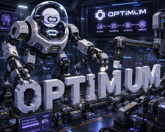 A large humanoid robot in a futuristic industrial facility works on assembling giant block letters spelling 'OPTIMUM', with a digital display reading 'OPTIMLM' showing stages like 'BUILDING', 'ASSEMBLING', 'OPTIMIZING', and 'COMPLETE', plus a system status of 87%.