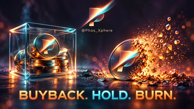 A graphic shows cryptocurrency coins with a 'P' logo, featuring the text 'BUYBACK. HOLD. BURN.' and a watermark '@Phos_Xphere'.
