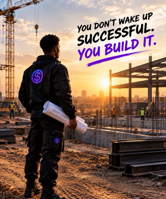 A motivational graphic showing a man at a construction site holding rolled blueprints, with overlaid text reading 'YOU DON'T WAKE UP SUCCESSFUL. YOU BUILD IT.'
