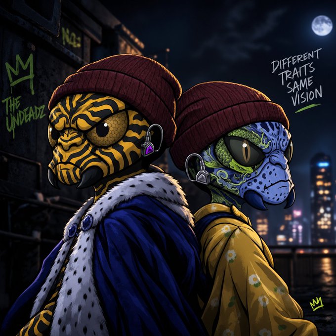 An illustrated graphic featuring two anthropomorphic reptilian characters wearing beanies, with text reading 'THE UNDEADZ' and 'DIFFERENT TRAITS SAME VISION'.