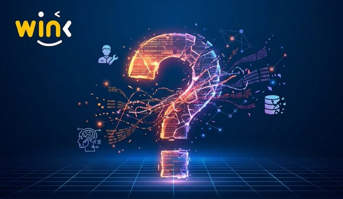 A glowing orange question mark made of digital code and data streams floats against a dark blue background, surrounded by icons of a worker, database, and AI brain, with the "WINK" logo displayed in the top-left corner—visually symbolizing the data-driven queries and oracle services powered by the WIN token.