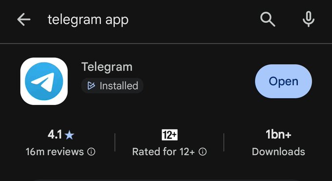 A Google Play Store listing for the Telegram app is shown, with an "Installed" badge, a 4.1-star rating from 16 million reviews, a 12+ age rating, and 1 billion+ downloads. The "Uninstall it hahahahaha" caption plays on the irony that while the user laughs at the suggestion to uninstall Telegram, the app's massive 1 billion+ downloads show how widely used it is—humorously implying that despite the jab, millions of people still have it installed on their devices.