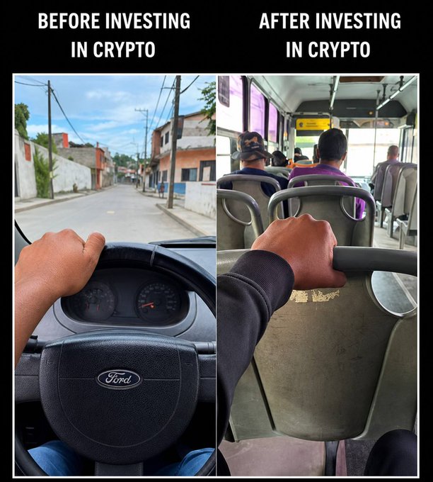 A split-image meme showing a person's perspective from behind the wheel of a Ford vehicle on a quiet street labeled "BEFORE INVESTING IN CRYPTO," contrasted with the same viewpoint from a public bus seat labeled "AFTER INVESTING IN CRYPTO." The humor captures the post's theme of "financial freedom hits different" by ironically suggesting crypto investment led to trading a personal car for public transit—the opposite of financial independence.