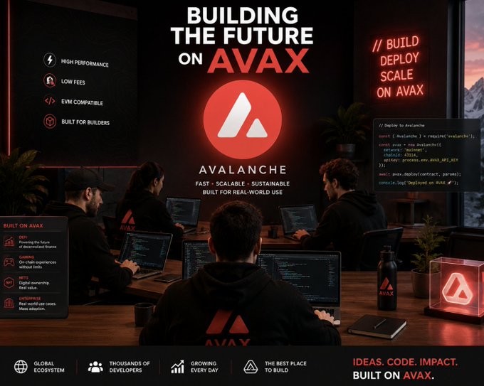 A promotional graphic for Avalanche (AVAX) blockchain with the tagline 'Building the Future on AVAX,' highlighting features like high performance, low fees, EVM compatibility, and showing developers working in an office setting.