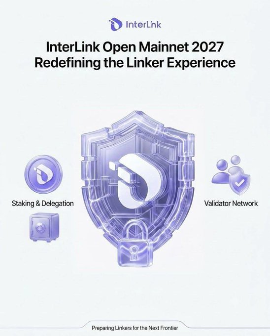 The image is a promotional graphic for "InterLink Open Mainnet 2027: Redefining the Linker Experience," featuring a central purple shield emblem surrounded by icons highlighting key network features like "Staking & Delegation" and "Validator Network," with the tagline "Preparing Linkers for the Next Frontier."

This visual reinforces the post's message by symbolizing the network's evolution from early mobile mining toward a more advanced phase focused on validation and staking, once the open mainnet launches.