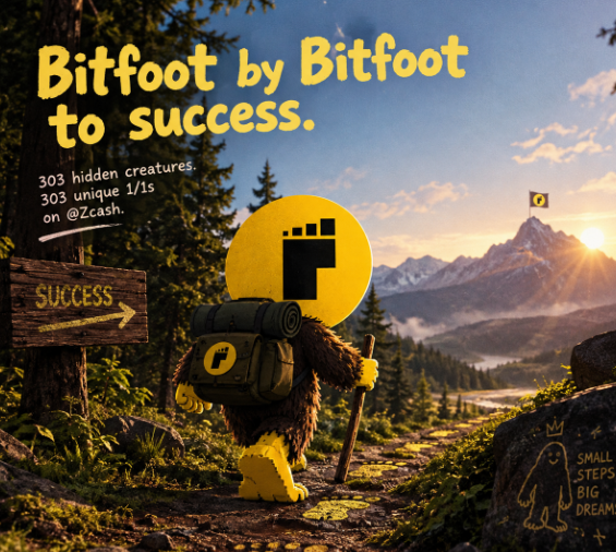 A furry mascot character with a yellow circular logo on its head hikes up a mountain trail toward a "SUCCESS" sign, while text reads "Bitfoot by Bitfoot to success," "303 hidden creatures. 303 unique 1/1s on @Zcash," and "SMALL STEPS BIG DREAMS" — visually illustrating the post's theme of methodically following Bitfoot NFT clues on Zcash one step at a time toward achieving success.