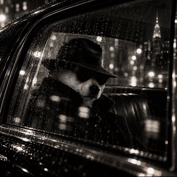 A black and white photo of a small white dog wearing a fedora, sunglasses, and a trench coat sitting inside a rainy car with the New York City skyline, including the Empire State Building, visible in the background.