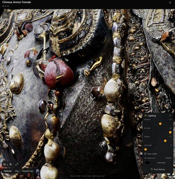 The image shows a high-resolution view of an ornate Chinese Armor Female display within 3D graphics software, featuring intricate metallic detailing, beaded chains, and gemstone embellishments against a dark background. The visible interface elements include "Logos," "You are," "or more," "Right," "Auto rotate," "Camera," "Close view," and "Reset lighting" options, highlighting the real-time rendering quality that the post is celebrating—suggesting this is an example of how web-based 3D graphics should look once artificial price suppression ends.